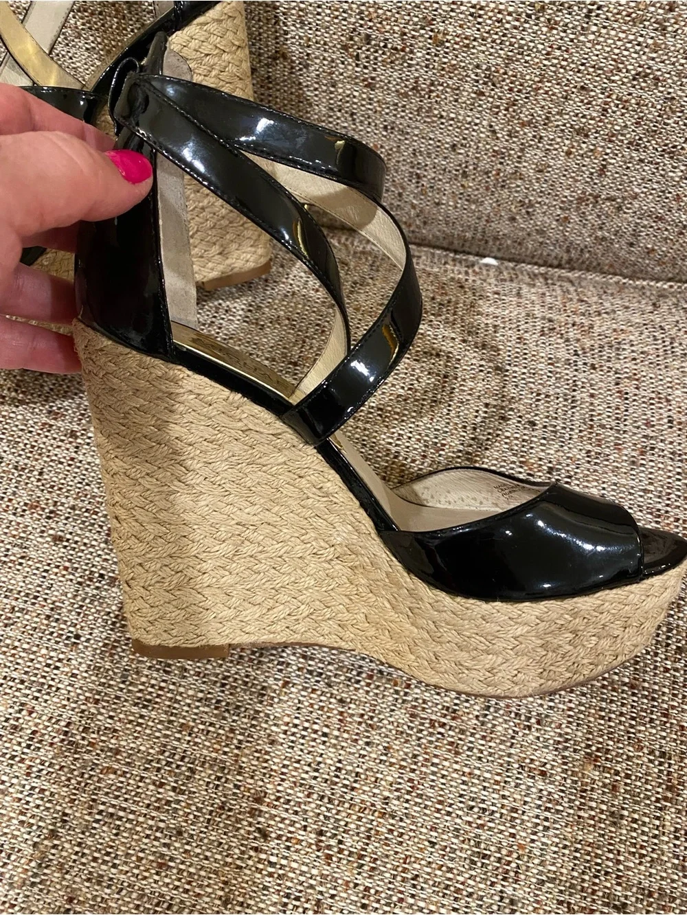Michael Kors Black Patent Espadrille Platform Wedge Sandals